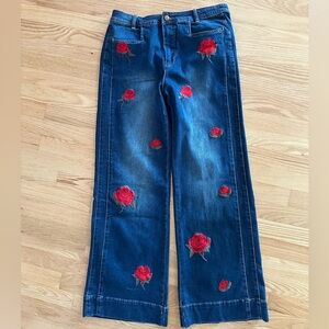 Oli & Hali Dark Blue Wide-Leg Jeans with Red Rose Embroidery